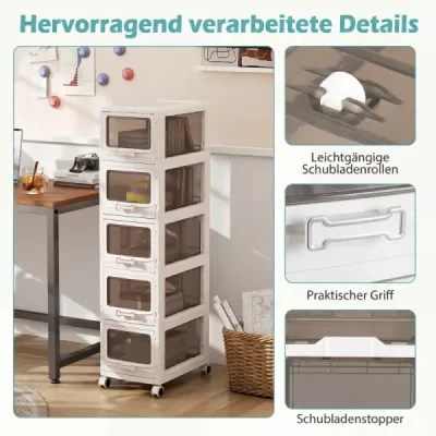 Container cu 5 sertare Cărucioare din plastic cu role PU 42 x 28 x 112.5 cm Alb
