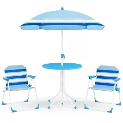 Grup de scaune pentru copii cu umbrelă reglabilă la înălțime 4 TLG. Set scaun pentru copii cu masa & 2 scaune pliante albastru