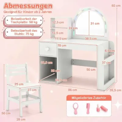 Masa de imbracat pentru copii cu luminare printesa masa de imbracat cu oglinda iluminata Stiling masa alb pur