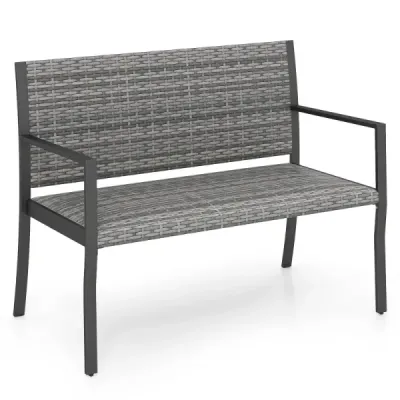 Banc de grădină Rattan scaun de bancă în aer liber cu spătar & cotiere pentru 2 persoane Gray