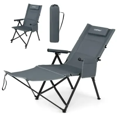 Scaun de camping pliant cu scaun de reteaua pentru picioare 4 ori spătar reglabil pana la 150 kg gri portanta
