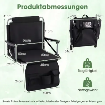 Scaun portabil stadion cu backrest grander pliabil cu curea umăr negru