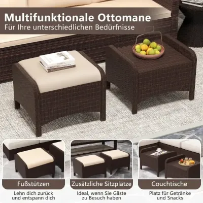 2 set Footstool din PE-Rattan scaun gradina cu scaun demontabil perna constructie metal Bej