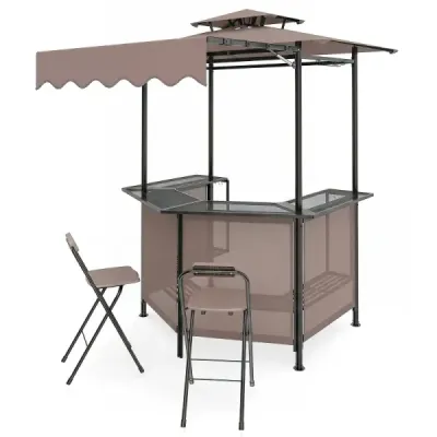 Grillpavillon 3-teiliger Gartenpavillon mit Bar 2 Klappbaren Barhocker & Doppeldach Braun