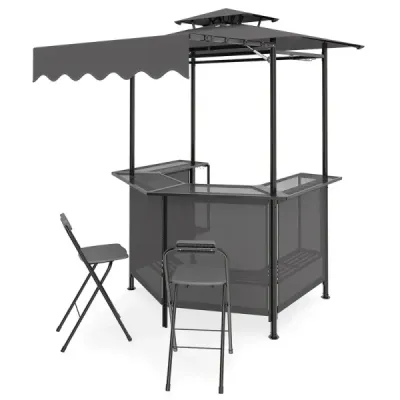 Grillpavillon 3-teiliger Gartenpavillon mit Bar 2 Klappbaren Barhocker & Doppeldach Grau