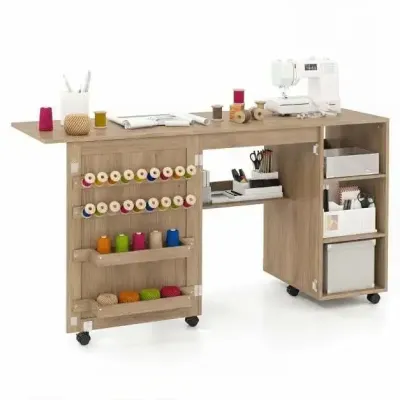 2 in 1 Masina de cusut birou pliabil Masina de cusut multifunctionala cu rafturi maro