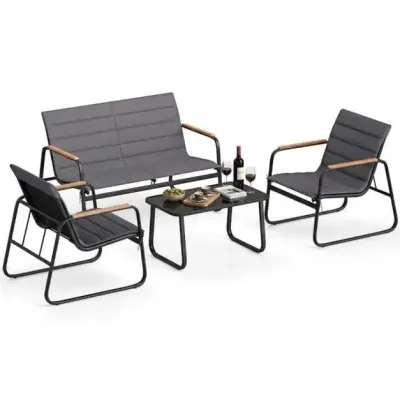 Set mobilier de gradina cu 2 scaune & banc & masa & perne Lounge exterior mobilier setat gri