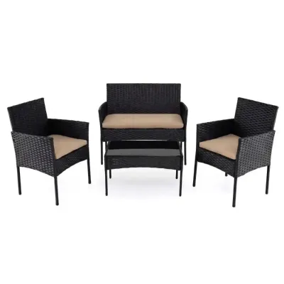 Set mobilier gradina Rattan cu 2 scaune & banc & masa & perne grup de locuri set de gradina Khaki