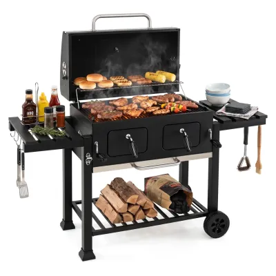 Grătar de cărbune cu capac vagoane Grill cu roți & capotă Grill cu termometru capac
