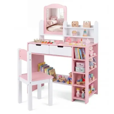 Masa de dressing pentru copii cu oglinzi si scaun masa cosmetica cu rafturi si 2 sertare albe