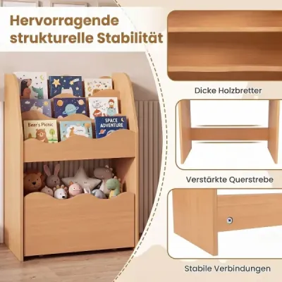 raftul pentru copii Montessori de 3 nivele din lemn de jucărie cu sertar rollable natura