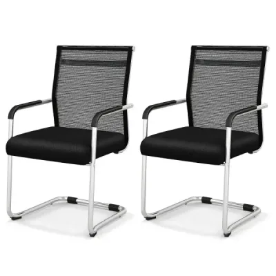 Freischwinger Stühle 2er Set Stapelbare Schwingstühle mit Metallkufenbasis und Armlehne Bürostühle Schwarz