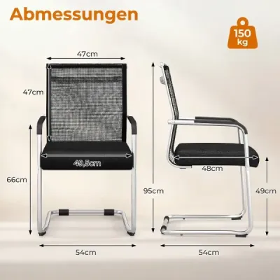 Freischwinger Stühle 2er Set Stapelbare Schwingstühle mit Metallkufenbasis und Armlehne Bürostühle Schwarz