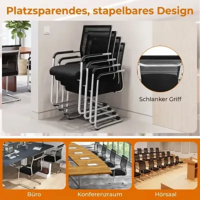 Freischwinger Stühle 2er Set Stapelbare Schwingstühle mit Metallkufenbasis und Armlehne Bürostühle Schwarz