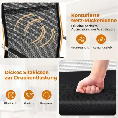 Freischwinger Stühle 2er Set Stapelbare Schwingstühle mit Metallkufenbasis und Armlehne Bürostühle Schwarz