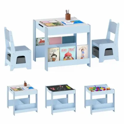 4 in 1 Kinder Tisch- & Stuhlset mit Wendem Tischplatte & Bücherregale Kindertisch-Set Blau