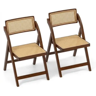 2er Set Rattan Klappstühle mit Bambusrahmen Küchenstühle im Boho-Stil 150 kg Tragkraft Walnuss