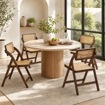 2er Set Rattan Klappstühle mit Bambusrahmen Küchenstühle im Boho-Stil 150 kg Tragkraft Walnuss