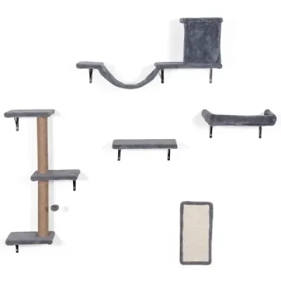5 in 1 Kletterwand Katzen Set Stabiles Holz Katzen Wandelemente Katzenmöbel mit Hängekugel Grau