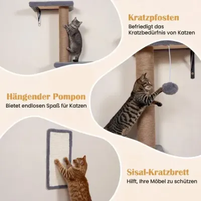 5 in 1 Kletterwand Katzen Set Stabiles Holz Katzen Wandelemente Katzenmöbel mit Hängekugel Grau