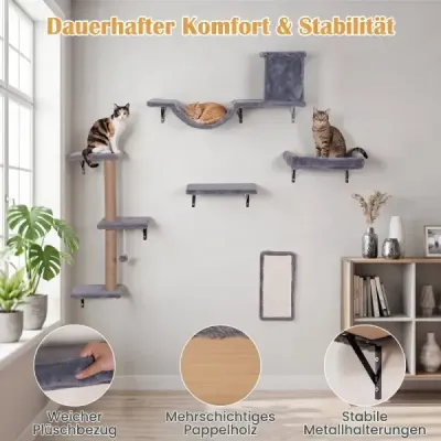 5 in 1 Kletterwand Katzen Set Stabiles Holz Katzen Wandelemente Katzenmöbel mit Hängekugel Grau