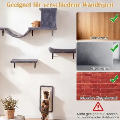 5 in 1 Kletterwand Katzen Set Stabiles Holz Katzen Wandelemente Katzenmöbel mit Hängekugel Grau