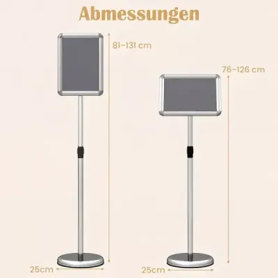 2er Set Infoständer A4 81–131 cm Höhenverstellbarer Menükartenhalter Drehbar mit Befüllbarem Sockel Silber