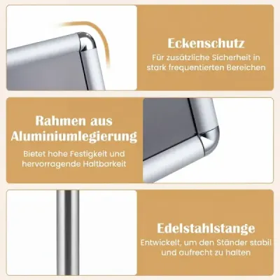 2er Set Infoständer A4 81–131 cm Höhenverstellbarer Menükartenhalter Drehbar mit Befüllbarem Sockel Silber