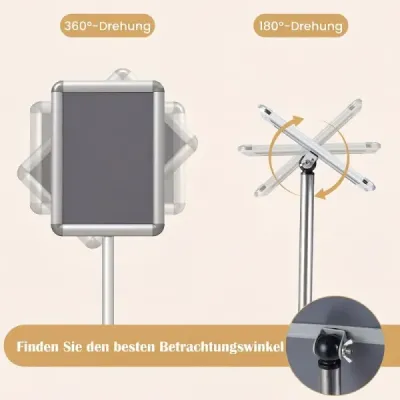 2er Set Infoständer A4 81–131 cm Höhenverstellbarer Menükartenhalter Drehbar mit Befüllbarem Sockel Silber