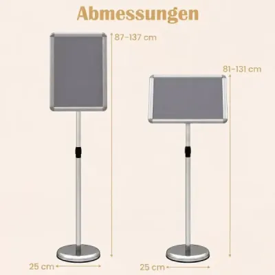 2er Set Infoständer A3 87–137 cm Höhenverstellbarer Menükartenhalter Drehbar mit Befüllbarem Sockel Silber