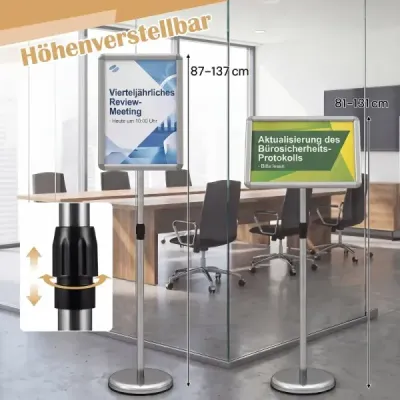 2er Set Infoständer A3 87–137 cm Höhenverstellbarer Menükartenhalter Drehbar mit Befüllbarem Sockel Silber