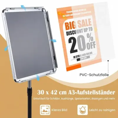 2er Set Infoständer A3 87–137 cm Höhenverstellbarer Menükartenhalter Drehbar mit Befüllbarem Sockel Silber