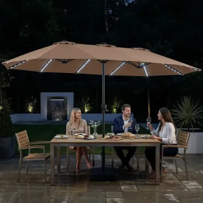 Sonnenschirm 4,5m Doppelseitiger Terrassenschirm mit Ständer & Farbigen Solarleuchten Khaki