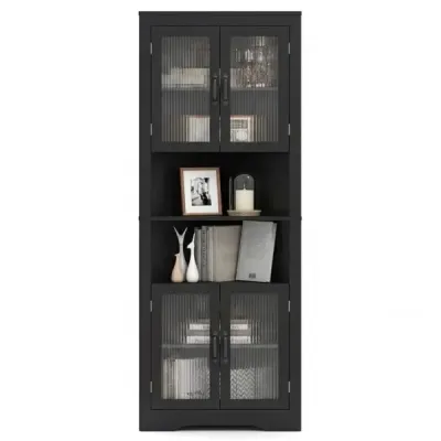 Cabinet de bucătărie dulap îngust colţ cu 4 uşi de sticlă şi 6 rafturi 171 cm mare triangular bufet dulap negru