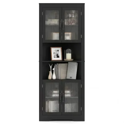 Cabinet de bucătărie dulap îngust colţ cu 4 uşi de sticlă şi 6 rafturi 171 cm mare triangular bufet dulap negru