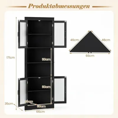 Cabinet de bucătărie dulap îngust colţ cu 4 uşi de sticlă şi 6 rafturi 171 cm mare triangular bufet dulap negru