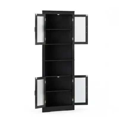 Cabinet de bucătărie dulap îngust colţ cu 4 uşi de sticlă şi 6 rafturi 171 cm mare triangular bufet dulap negru
