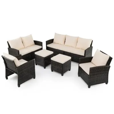 6-parte Rattan Garden Mobila Set Grup de locuri rezistent la vreme pentru 7 persoane cu perna scaunului moale Bej