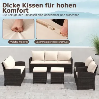 6-parte Rattan Garden Mobila Set Grup de locuri rezistent la vreme pentru 7 persoane cu perna scaunului moale Bej