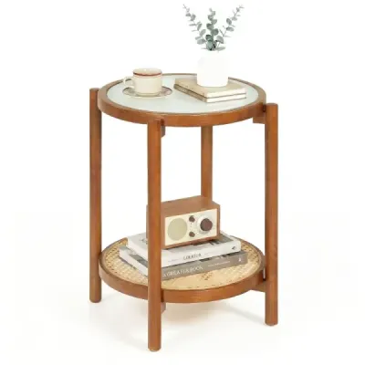 Couchtisch im Boho Stil mit Glasplatte & Rattanablage Beistelltisch 47,5 x 47,5 x 58 cm Walnuss
