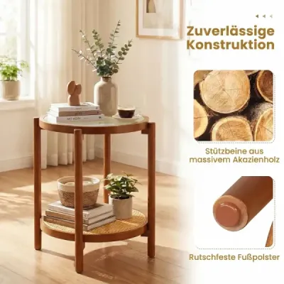 Couchtisch im Boho Stil mit Glasplatte & Rattanablage Beistelltisch 47,5 x 47,5 x 58 cm Walnuss