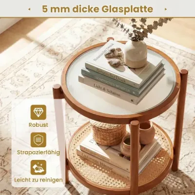 Couchtisch im Boho Stil mit Glasplatte & Rattanablage Beistelltisch 47,5 x 47,5 x 58 cm Walnuss