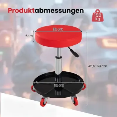 Runder Werkstatthocker mit Rollen & Segmentierter Werkzeugablage Höhenverstellbarer Montagehocker 45,5-60 cm