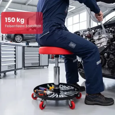 Runder Werkstatthocker mit Rollen & Segmentierter Werkzeugablage Höhenverstellbarer Montagehocker 45,5-60 cm