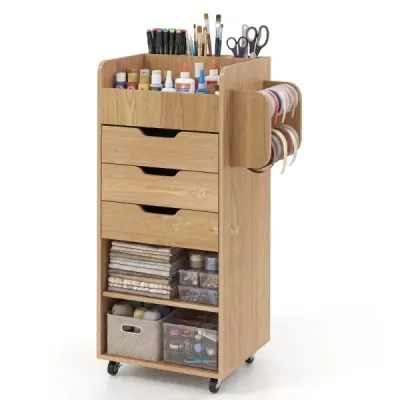 Rollcontainer mit 3 Schubladen 2 Rollstangen & 3 Fächern Bastelwagen 48,5 x 33,5 x 85,5 cm Natur