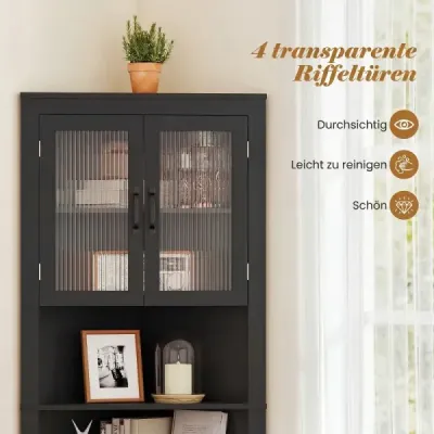 Cabinet de bucătărie dulap îngust colţ cu 4 uşi de sticlă şi 6 rafturi 171 cm mare triangular bufet dulap negru