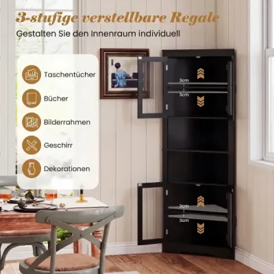 Cabinet de bucătărie dulap îngust colţ cu 4 uşi de sticlă şi 6 rafturi 171 cm mare triangular bufet dulap negru