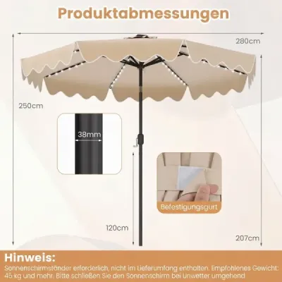 Parasol 270 cm cu Led Solar Lighting Windproof Market Parasol cu 8 coaste de bej