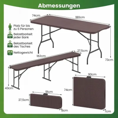 Klappbarer Gartentisch in Rattanoptik + Klappbare Bierbank in Rattanoptik mit Tragegriff Set Kaffee