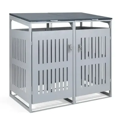 Mülltonnenbox Mülltonnenverkleidung für 2 Behälter Mülltonnenschrank aus Metall Silber